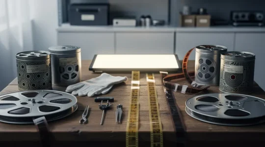 Table de montage cinéma avec des bobines de films anciens et équipement de restauration