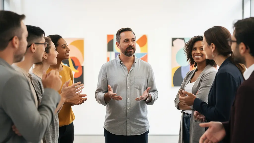 Vue d'ensemble d'une restitution publique avec artiste et public dans un espace lumineux