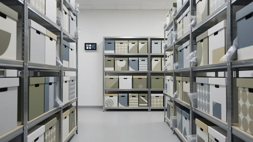 Intérieur d'une salle d'archives climatisée avec boîtes de conservation et hygromètre