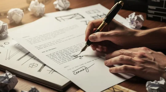 Mains d'un scénariste écrivant un script sur papier avec stylo plume, entouré de pages annotées