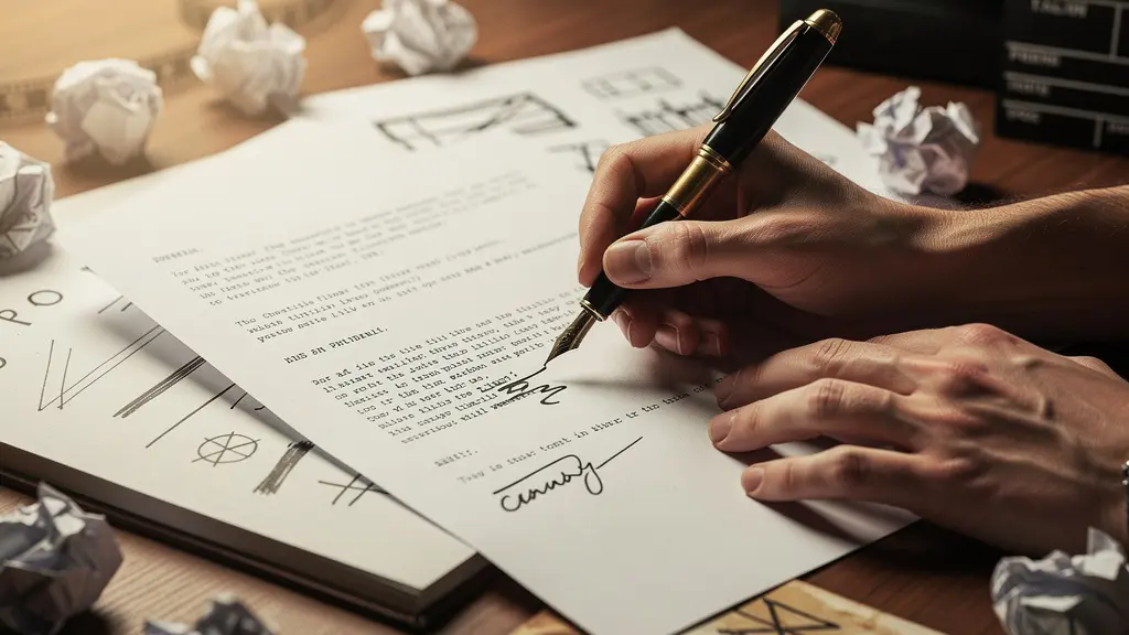Mains d'un scénariste écrivant un script sur papier avec stylo plume, entouré de pages annotées