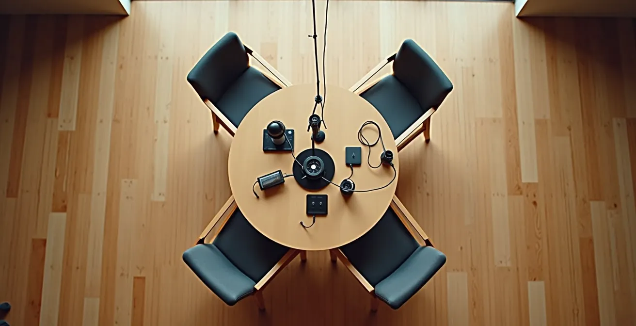 Vue aérienne minimaliste d'un studio de podcast professionnel