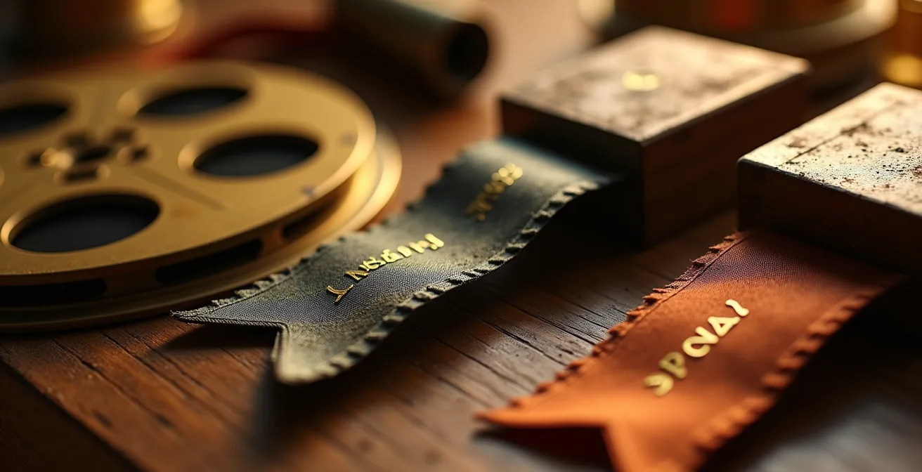 Collection de badges et trophées symboliques pour une communauté cinéphile avec éléments de cinéma vintage