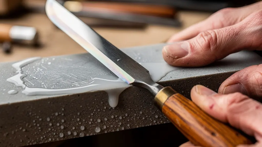 Gros plan sur les mains d'un sculpteur affûtant une gouge sur une pierre à eau avec le bon angle