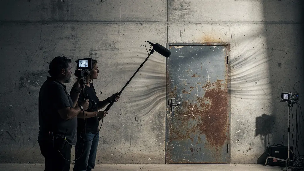 Réalisateur filmant une porte fermée avec micro perche suggérant action hors-champ