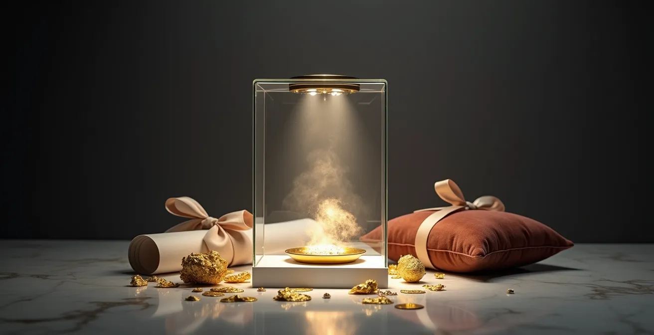 Métaphore visuelle de la valeur conceptuelle dans l'art avec une vitrine vide illuminée entourée d'objets symboliques.