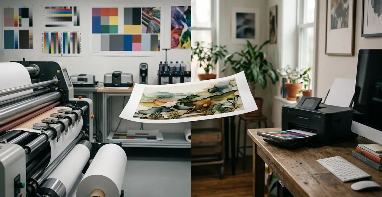 Comparaison visuelle entre laboratoire photo professionnel et imprimante domestique pour tirages haute definition