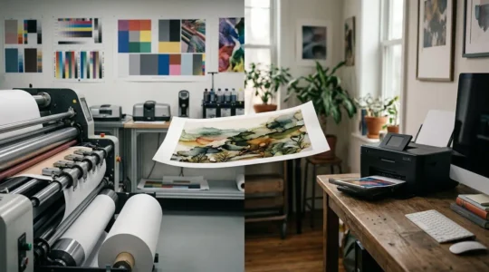 Comparaison visuelle entre laboratoire photo professionnel et imprimante domestique pour tirages haute definition