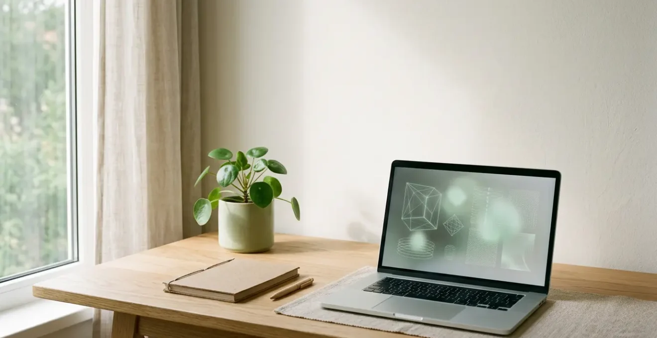 Espace de travail minimaliste dédié à la conception numérique éco-responsable avec éléments naturels