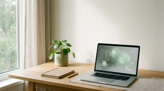 Espace de travail minimaliste dédié à la conception numérique éco-responsable avec éléments naturels