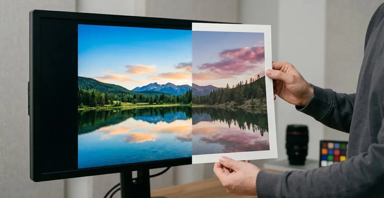 Confrontation visuelle entre ecran lumineux et tirage photo imprime montrant la difference de rendu des couleurs