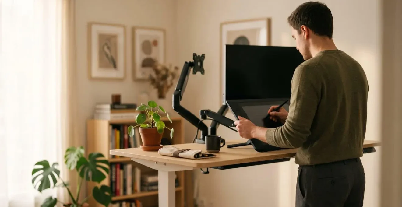 Vue d'ensemble d'un artiste numérique dans une posture ergonomique optimale à son poste de travail