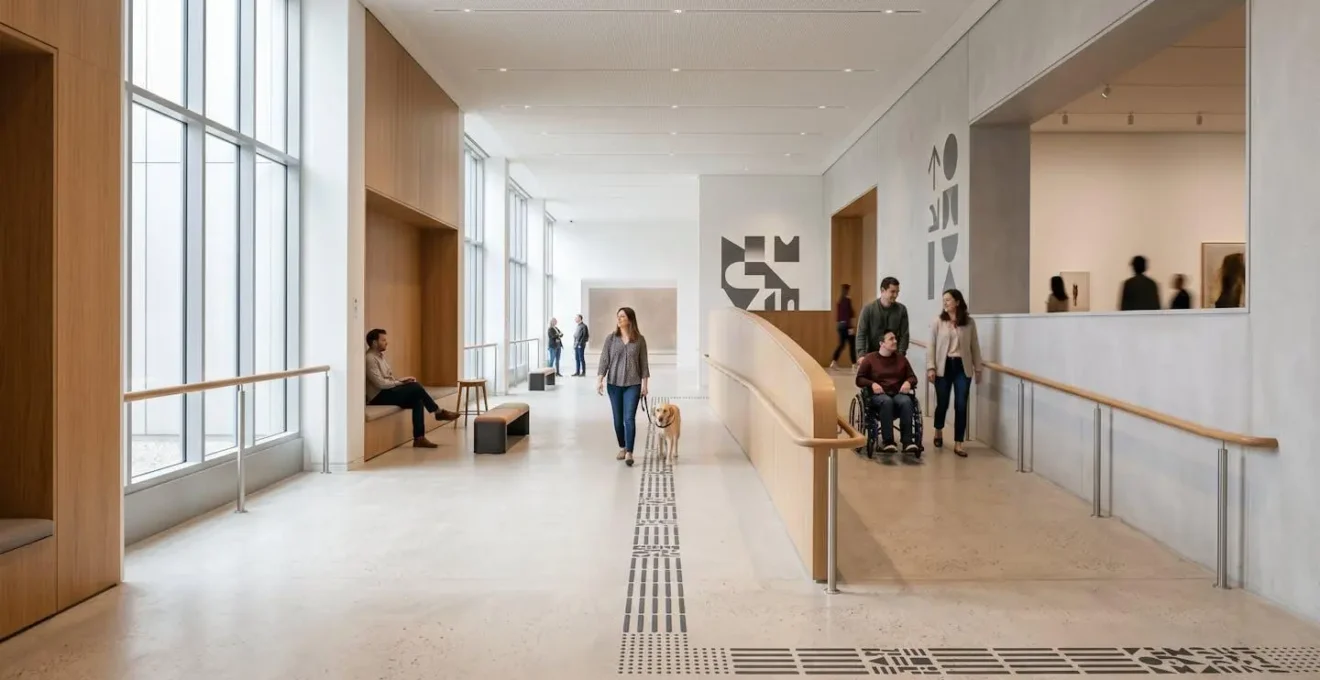Vue large d'un espace culturel contemporain avec circulation fluide, éclairage naturel doux et signalétique épurée non textuelle, évoquant l'accessibilité universelle