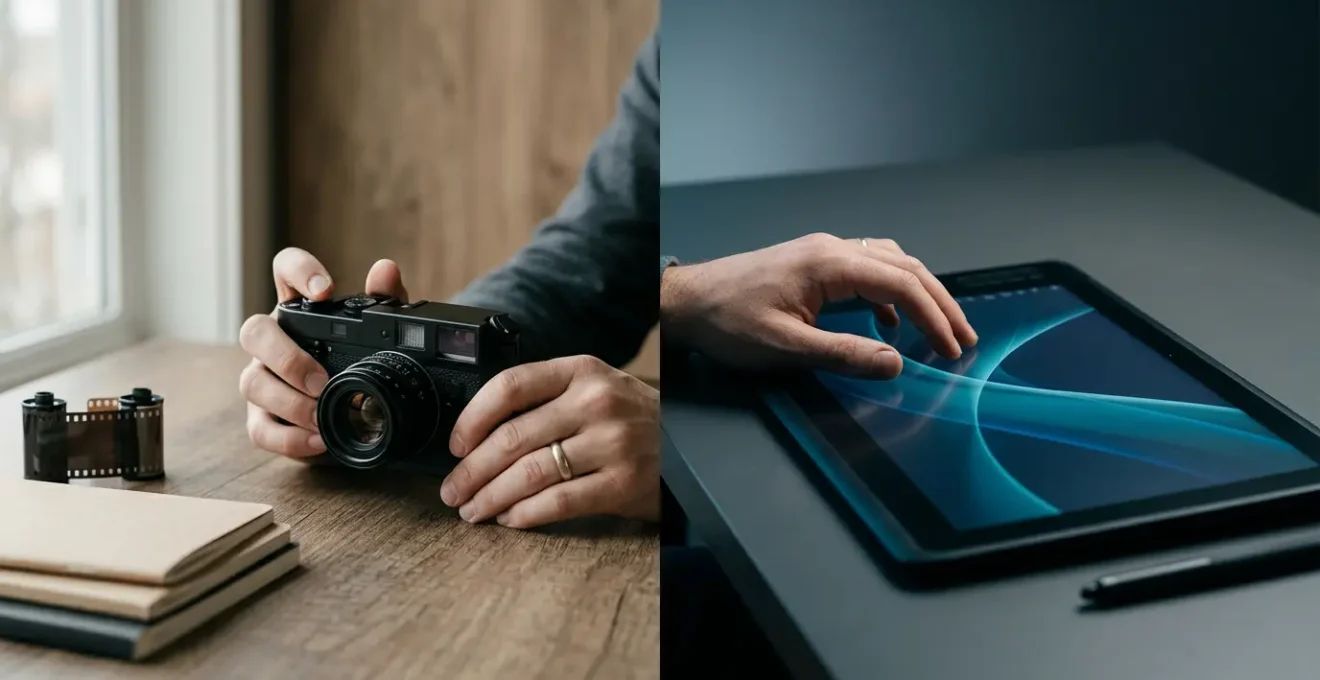 Image conceptuelle illustrant la dualité entre authenticité et manipulation photographique dans l'univers de la retouche numérique