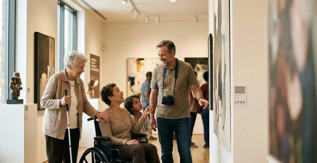 Scène illustrant l'accessibilité culturelle avec diversité des publics dans un environnement muséal inclusif