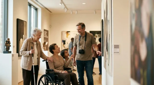 Scène illustrant l'accessibilité culturelle avec diversité des publics dans un environnement muséal inclusif
