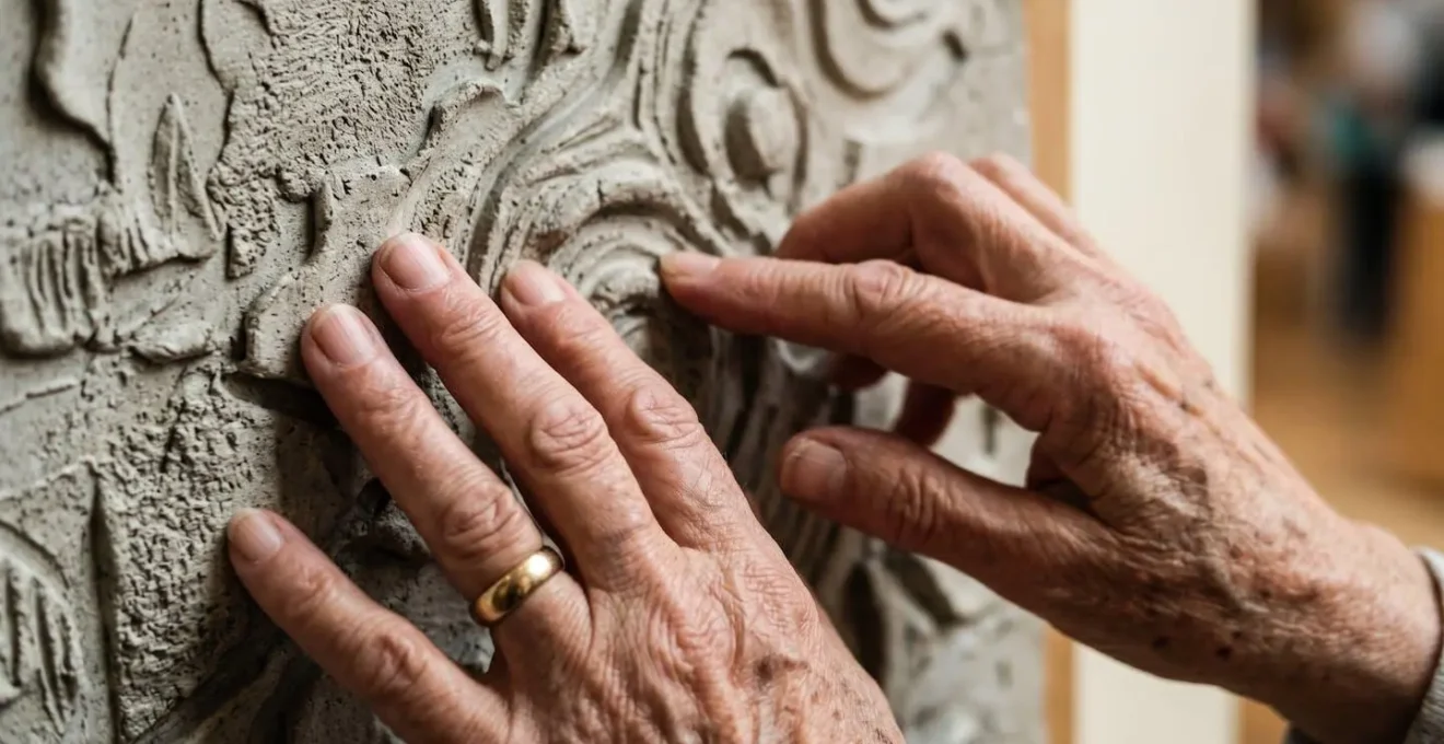 Gros plan sur des mains explorant délicatement une maquette tactile d'œuvre d'art en relief