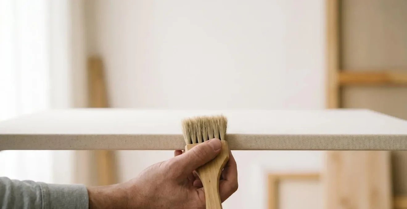 Composition minimaliste montrant une main tenant une brosse douce pour l'entretien délicat d'une toile