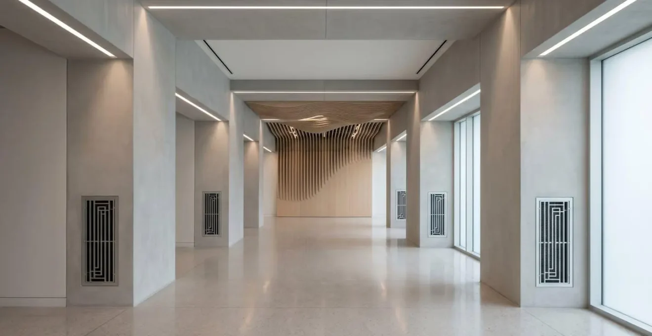 Espace d'installation artistique épuré avec intégration technique invisible
