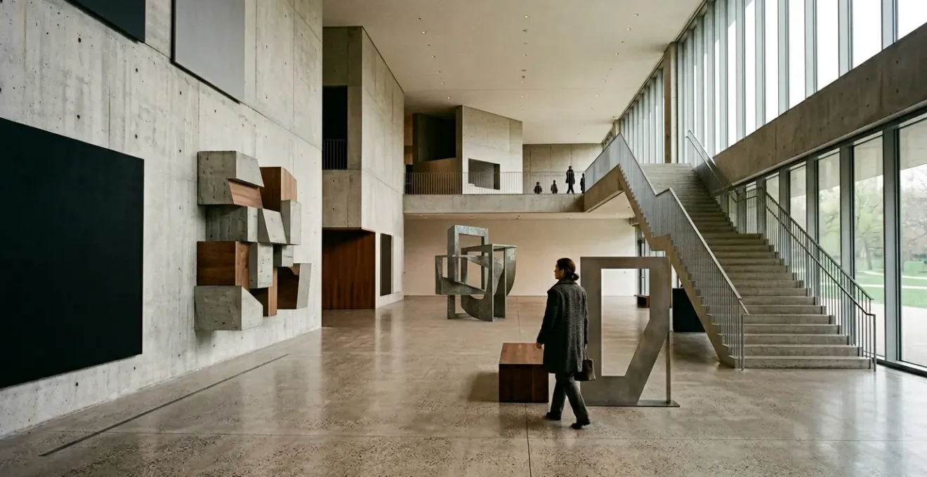 Composition minimaliste montrant des éléments d'interface numérique avec fort contraste et typographie claire, dans un environnement culturel épuré