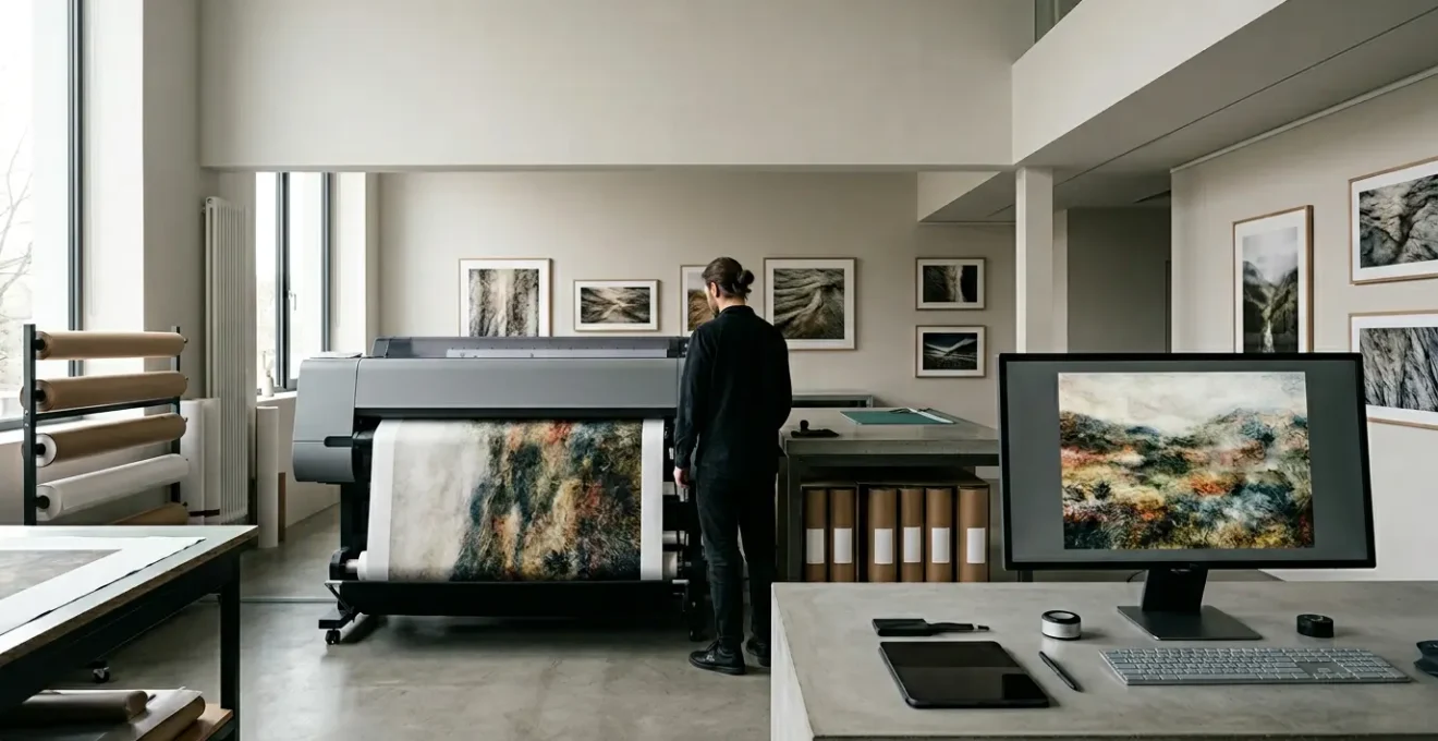 Atelier d'impression fine art avec tirage grand format en cours de production sur papier premium