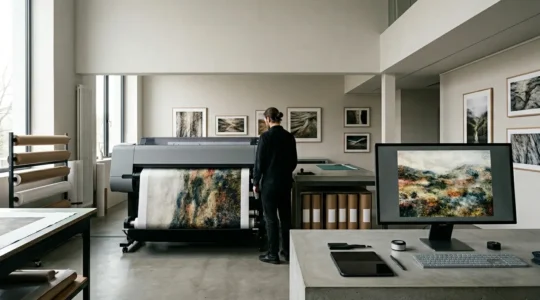 Atelier d'impression fine art avec tirage grand format en cours de production sur papier premium