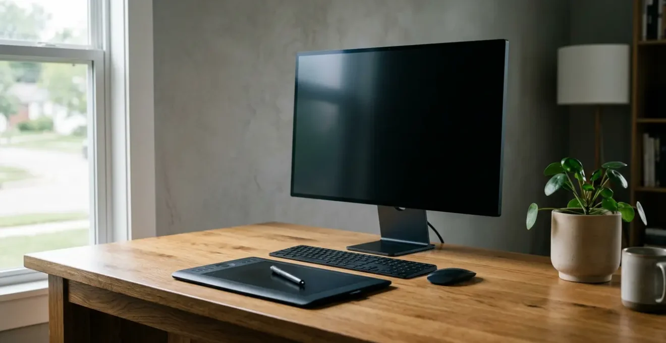 Espace de travail minimaliste montrant un bureau ergonomique avec une tablette graphique et un écran d'ordinateur