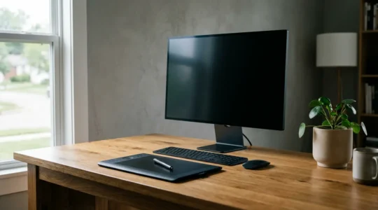 Espace de travail minimaliste montrant un bureau ergonomique avec une tablette graphique et un écran d'ordinateur