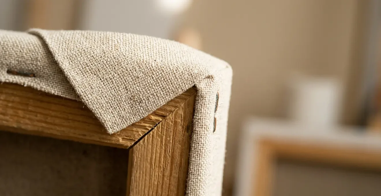 Détail macro d'une toile canvas montée sur châssis en bois avec coins de tension