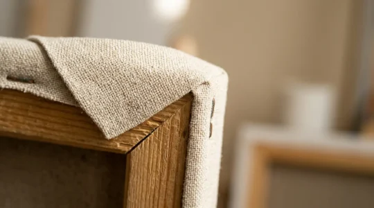 Détail macro d'une toile canvas montée sur châssis en bois avec coins de tension