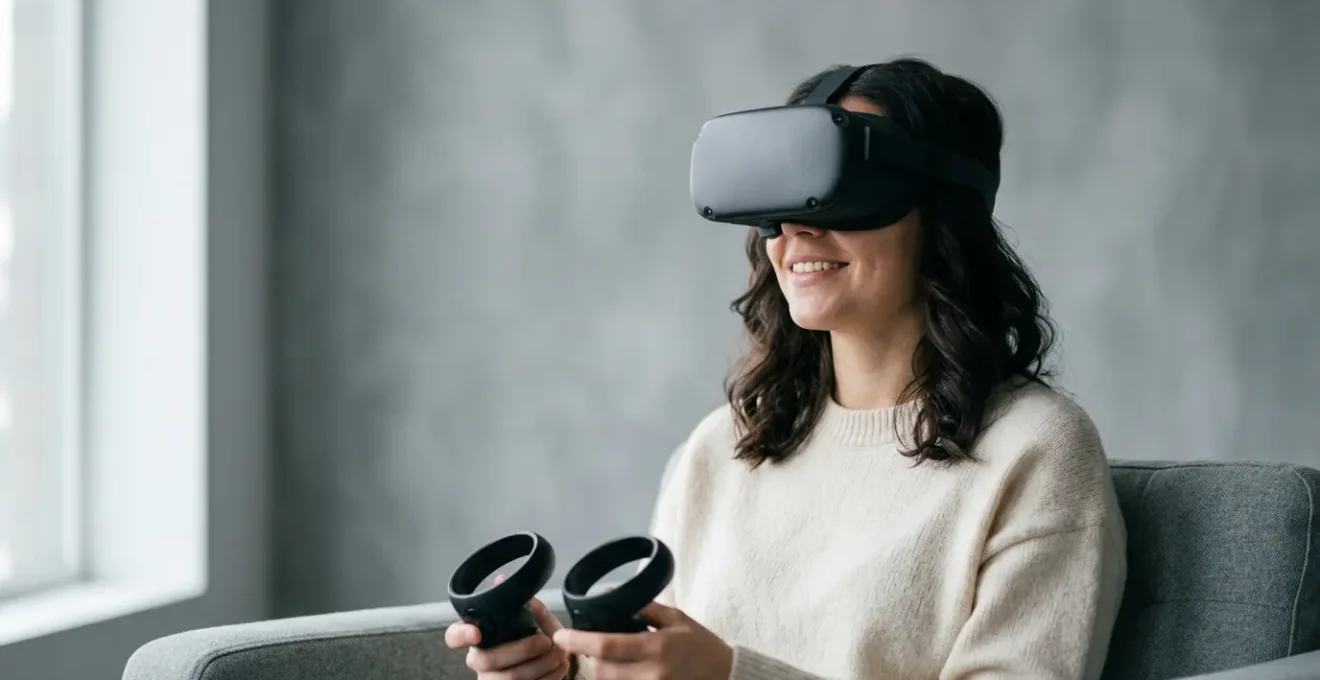 Personne portant un casque de réalité virtuelle dans un environnement confortable et sécurisé