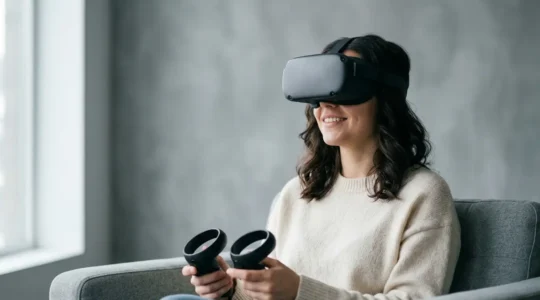 Personne portant un casque de réalité virtuelle dans un environnement confortable et sécurisé